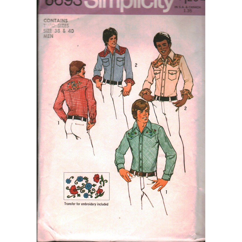 Simplicity 6693 Men Western Shirt Sewing Pattern Embroidery Transfer Size‎ 38 40